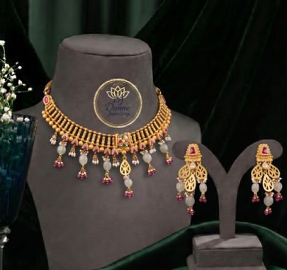 Divine Traditional Pearl Drop Choker Necklace Set in 92.5 Silver Gold Plated