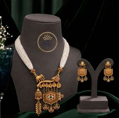 Divine Traditional Pearl Long Necklace Set for Women | 92.5 Silver Gold Plated Temple Jewellery with Earrings