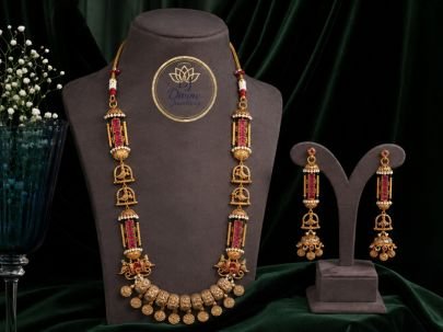 Divine Traditional Ruby Long Necklace Set for Women | 92.5 Silver Gold Plated Temple Jewellery with Earrings