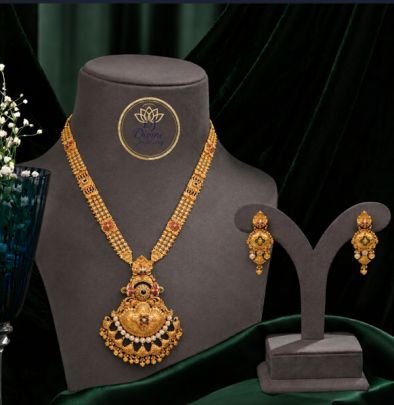 Divine Traditional Temple Long Pendant Necklace Set in 92.5 Silver Gold Plated