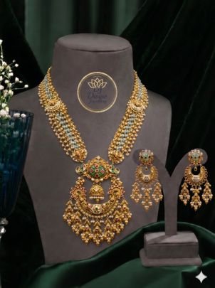 Dual Beaded Royal Pendant Necklace Set with Chand Motif & Pearl Drops – 92.5 Silver Gold Plated Jewellery