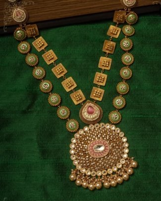 Dual Layer Designer Pendant Necklace with Green Motifs & Kundan Work – 92.5 Silver Gold Plated Traditional Jewellery | Divine Jewellery
