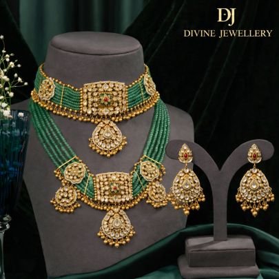 Dual Layer Kundan Choker Necklace Set with Green Beads & Statement Pendants | 92.5 Silver Gold Plated Bridal Jewellery by Divine Jewellery