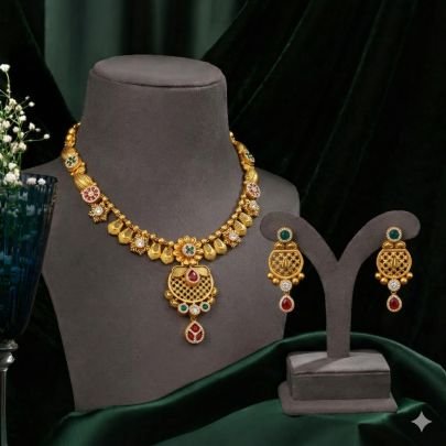 Elegant Antique Pendant Necklace Set with Multicolor Stones – 92.5 Silver Gold Plated Traditional Jewellery | Divine Jewellery