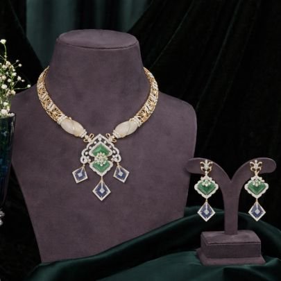Elegant Designer Pendant Necklace Set with Green & Blue Stones – 92.5 Silver Gold & White Finish Jewellery | Divine Jewellery