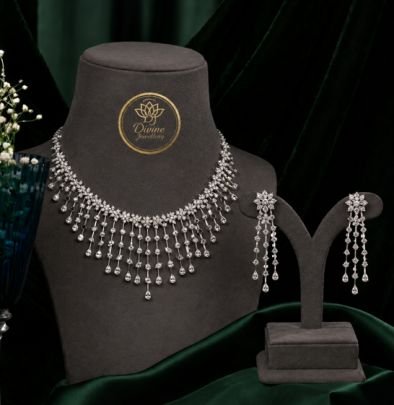 Elegant Diamond Style Fringe Necklace Set with Long Earrings | Gold Plated 92.5 Silver Jewellery