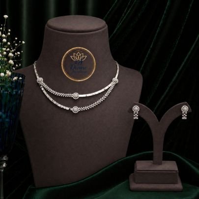Elegant Double Layer Circular Diamond-Style Necklace Set with Earrings in 92.5 Silver Gold Plated | Modern Party Wear Jewellery – Divine Jewellery