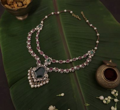 Elegant Dual Layer Polki Style Necklace with Emerald Pendant – 92.5 Silver White Gold Plated Traditional Jewellery | Divine Jewellery