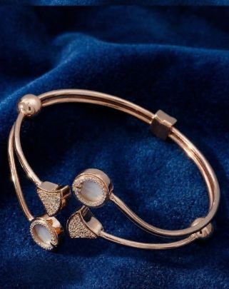 Elegant Dual Stone Designer Open Cuff Bracelet – 92.5 Silver Gold Plated Bracelet
