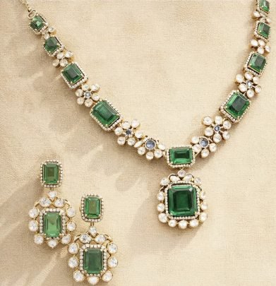 Elegant Emerald Cut Necklace Set with Earrings – 92.5 Silver Gold Plated Polki Style Jewellery | Divine Jewellery