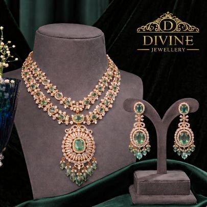 Elegant Emerald Double Layer Pendant Necklace Set in 92.5 Silver Rose Gold Plated | Divine Jewellery