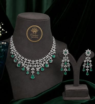Elegant Emerald Green Drop Necklace Set with Matching Earrings | Gold Plated 92.5 Silver Jewellery