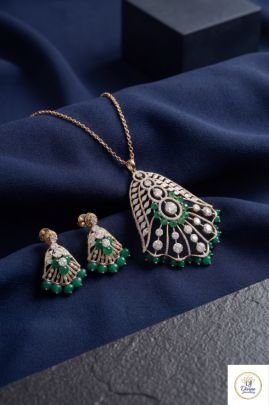 Elegant Emerald Leaf Pendant Set with Earrings in 92.5 Silver Gold Plated | Divine Jewellery
