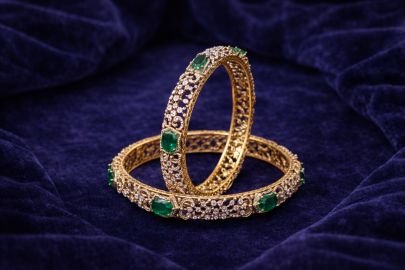 Elegant Emerald Stone Filigree Bangles in 92.5 Silver with Gold Plating