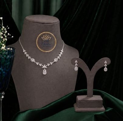 Elegant Floral Teardrop Necklace Set with Earrings in 92.5 Silver| Premium Bridal & Party Wear Jewellery – Divine Jewellery
