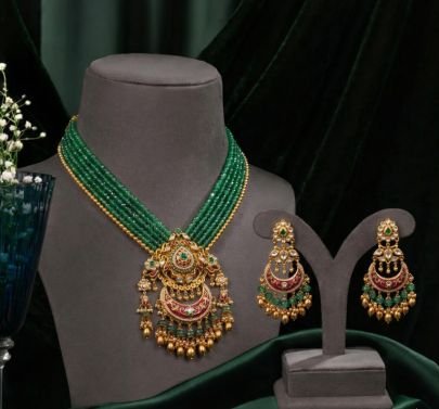 Elegant Green Beaded Temple Necklace Set with Kundan Pendant – 92.5 Silver Gold Plated Jewellery | Divine Jewellery