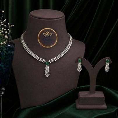 Elegant Green Stone Drop Necklace Set with Earrings in 92.5 Silver Gold Plated | Bridal & Party Wear Jewellery – Divine Jewellery