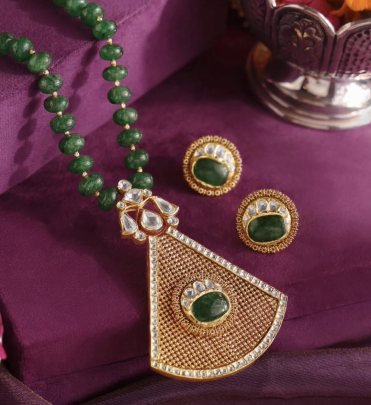 Elegant Green Stone Pendant Necklace Set with Beaded Chain – 92.5 Silver Gold Plated Ethnic Jewellery | Divine Jewellery