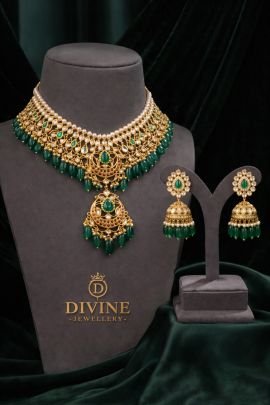 Elegant Kundan Choker Set with Green Bead Drops & Pendant | 92.5 Silver Gold Plated Bridal Jewellery by Divine Jewellery