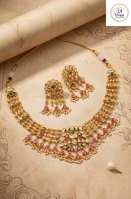 Elegant Kundan Dangler Necklace Set with Pink & Emerald Accents in 92.5 Silver with Gold Plating