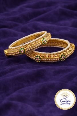 Elegant Kundan Pearl Bangles Pair – 92.5 Silver Gold Plated Traditional Designer Bangles