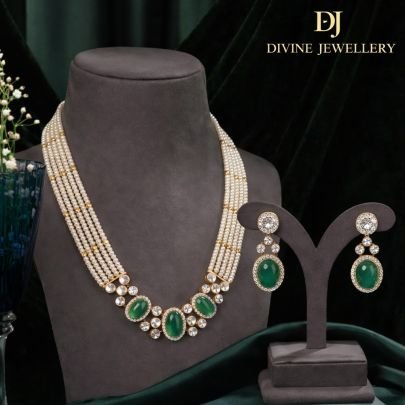 Elegant Multi-Layer Pearl Necklace Set with Emerald Stone Accents | 92.5 Silver Gold Plated Designer Jewellery by Divine Jewellery