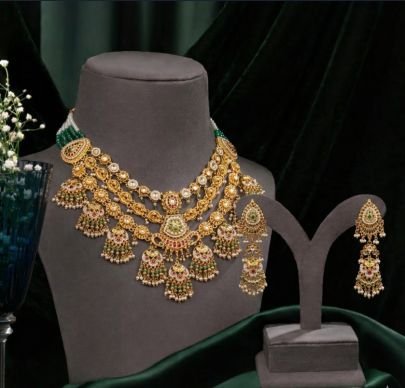Elegant Multi-Layer Temple Necklace Set with Kundan & Pearl Drops – 92.5 Silver Gold Plated Jewellery | Divine Jewellery