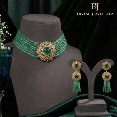 Elegant Multi-Strand Green Beaded Choker Set with Kundan Center Pendant | 92.5 Silver Gold Plated Designer Jewellery by Divine Jewellery