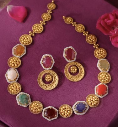 Elegant Multicolor Stone Necklace Set with Earrings – 92.5 Silver Gold Plated Contemporary Ethnic Jewellery | Divine Jewellery