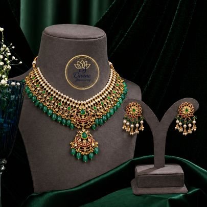 Elegant Pearl Kundan Choker Necklace Set with Green Drops & Pendant – 92.5 Silver Gold Plated Jewellery