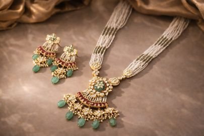 Elegant Pearl Kundan Necklace Set with Green Drops – 92.5 Silver Gold Plated Jewellery