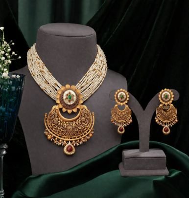 Elegant Pearl Multilayer Temple Necklace Set with Floral Pendant – 92.5 Silver Gold Plated Jewellery | Divine Jewellery