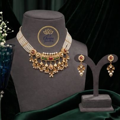 Elegant Pearl Temple Choker Necklace Set with Jhumka Earrings – 92.5 Silver Gold Plated Traditional Jewellery