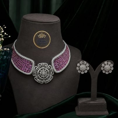 Elegant Pink Stone Floral Choker Necklace Set – 92.5 Silver Gold Plated