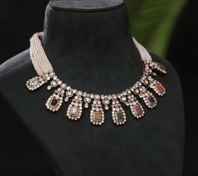 Elegant Polki Style Multi-Color Stone Necklace with Pearl Detailing – 92.5 Silver White Gold Plated Jewellery | Divine Jewellery