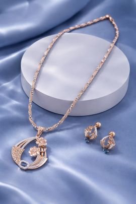 Elegant Rose Gold Floral Pendant Necklace Set with Crystal Accents – 92.5 Silver Rose Gold Plated Jewellery