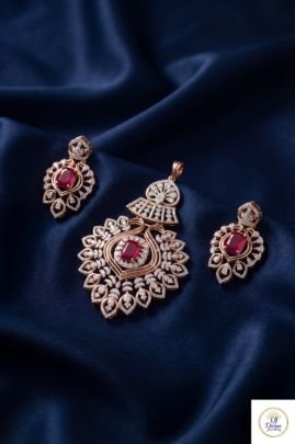 Elegant Ruby Pendant Set with Diamond Style Detailing in 92.5 Silver Gold Plated | Divine Jewellery