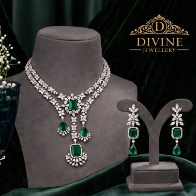 Emerald Diamond-Look Necklace Set with Drop Pendant | 92.5 Silver Jewellery by Divine Jewellery