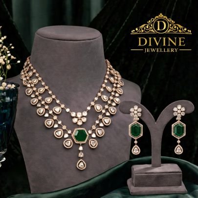 Emerald Drop Layered Diamond-Style Necklace Set in 92.5 Silver Rose Gold Plated | Divine Jewellery