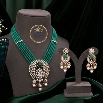 Emerald Green Multi-Layer Beaded Necklace Set with Pendant & Earrings | 92.5 Silver Gold Plated Traditional Jewellery