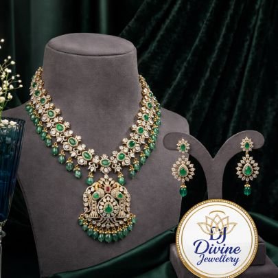 Emerald Kundan Peacock Necklace Set with Statement Pendant & Drop Earrings – 92.5 Silver Gold Plated Jewellery