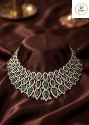 Emerald Leaf Designer Choker Necklace in 92.5 Silver Gold Plated – Divine Jewellery