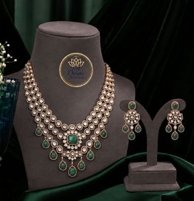 Emerald Polki Bridal Necklace Set with Matching Earrings | 92.5 Silver Gold Plated Traditional Jewellery