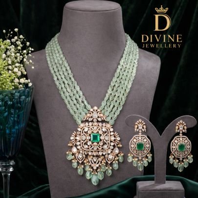 Emerald Polki Pendant Necklace Set with Multi-Layer Green Beads | 92.5 Silver Gold Plated Jewellery by Divine Jewellery