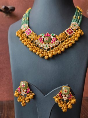 Emerald Pushpa Antique Beaded Temple Necklace Set with Gold Ghungroo Drops
