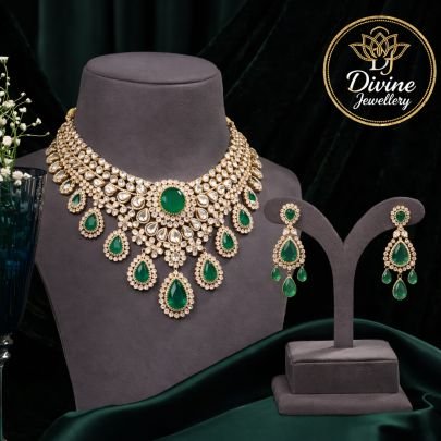 Emerald Teardrop Kundan Necklace Set with Layered Detailing & Matching Earrings – 92.5 Silver Gold Plated