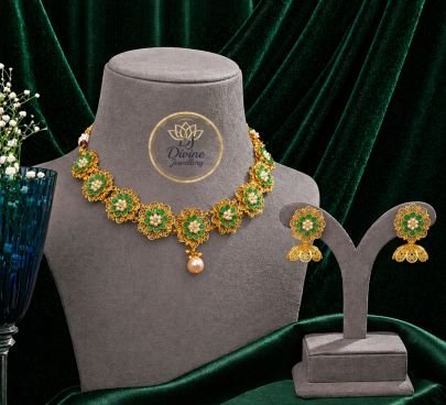 Floral Kundan Choker Necklace Set with Pearl Drop & Green Stones – 92.5 Silver Gold Plated