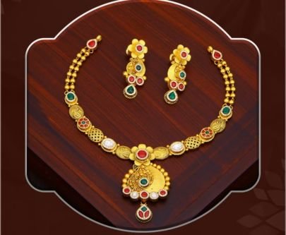 Floral Temple Design 92.5 Silver Gold-Plated Necklace Set with Kundan Stones & Earrings