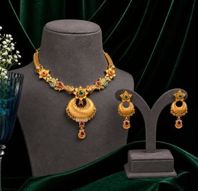 Floral Temple Pendant Necklace Set with Earrings in 92.5 Silver Gold Plated | Multi-Stone Traditional Jewellery – Divine Jewellery