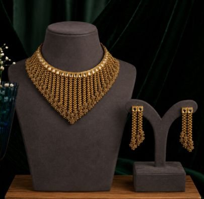Gold Beaded Fringe Necklace Set with Matching Tassel Earrings | Bridal Jewelry Set